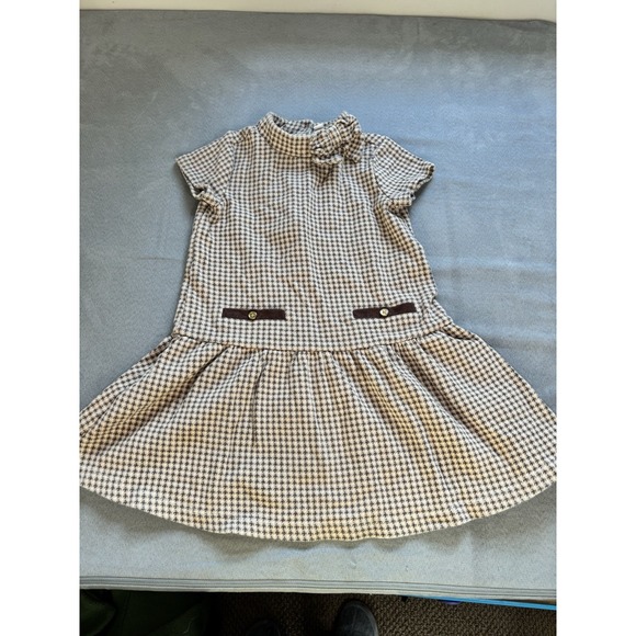 Janie And Jack Sz 5 Houndstooth Dress Bow Cotton Drop Waist Old Money Preppy - Picture 13 of 16